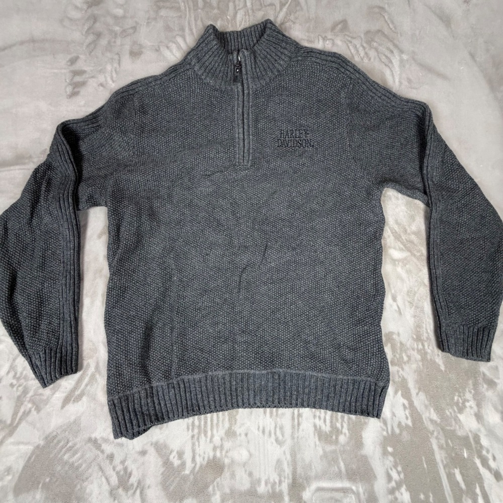 Harley-Davidson Mens XL Charcoal Gray Cotton Wool Cashmere 1/4 Zip Sweater